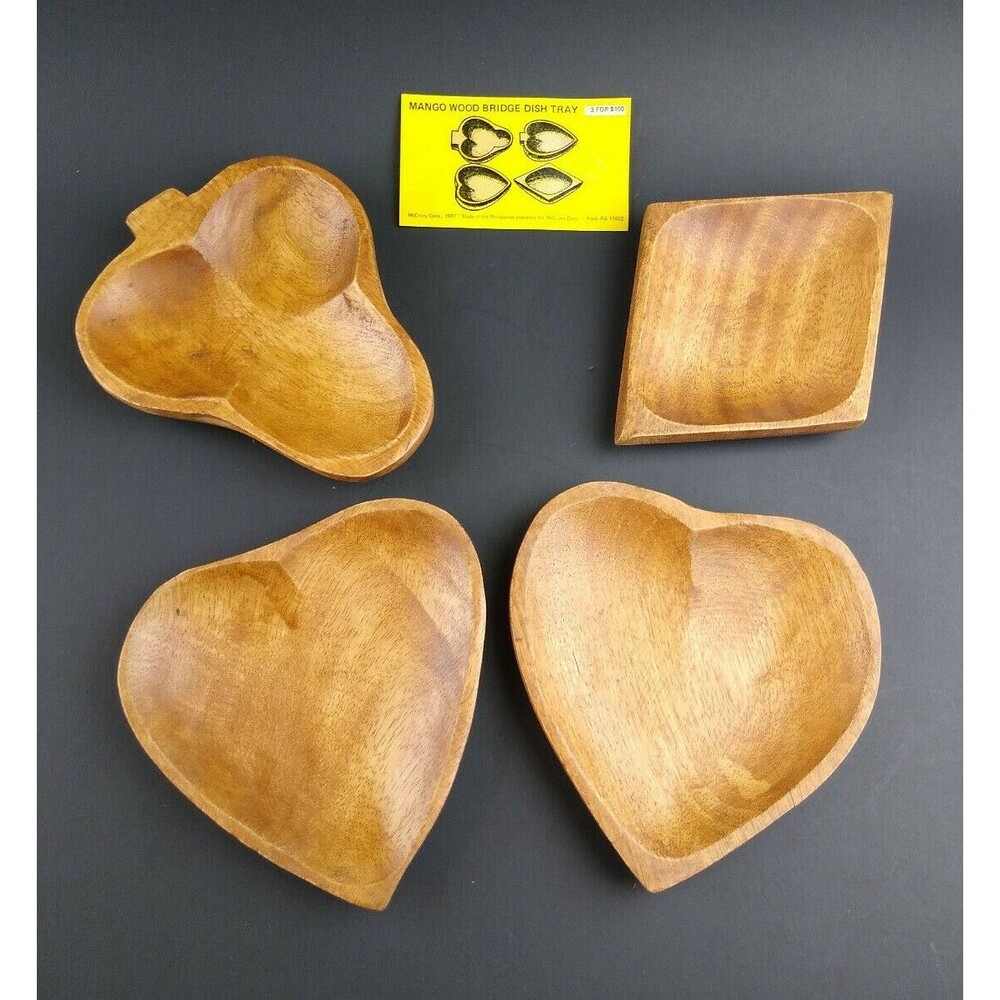 Set of 4 Mango Wood Snack Candy Nut Bowls Card Suits Vintage McCrory Vintage